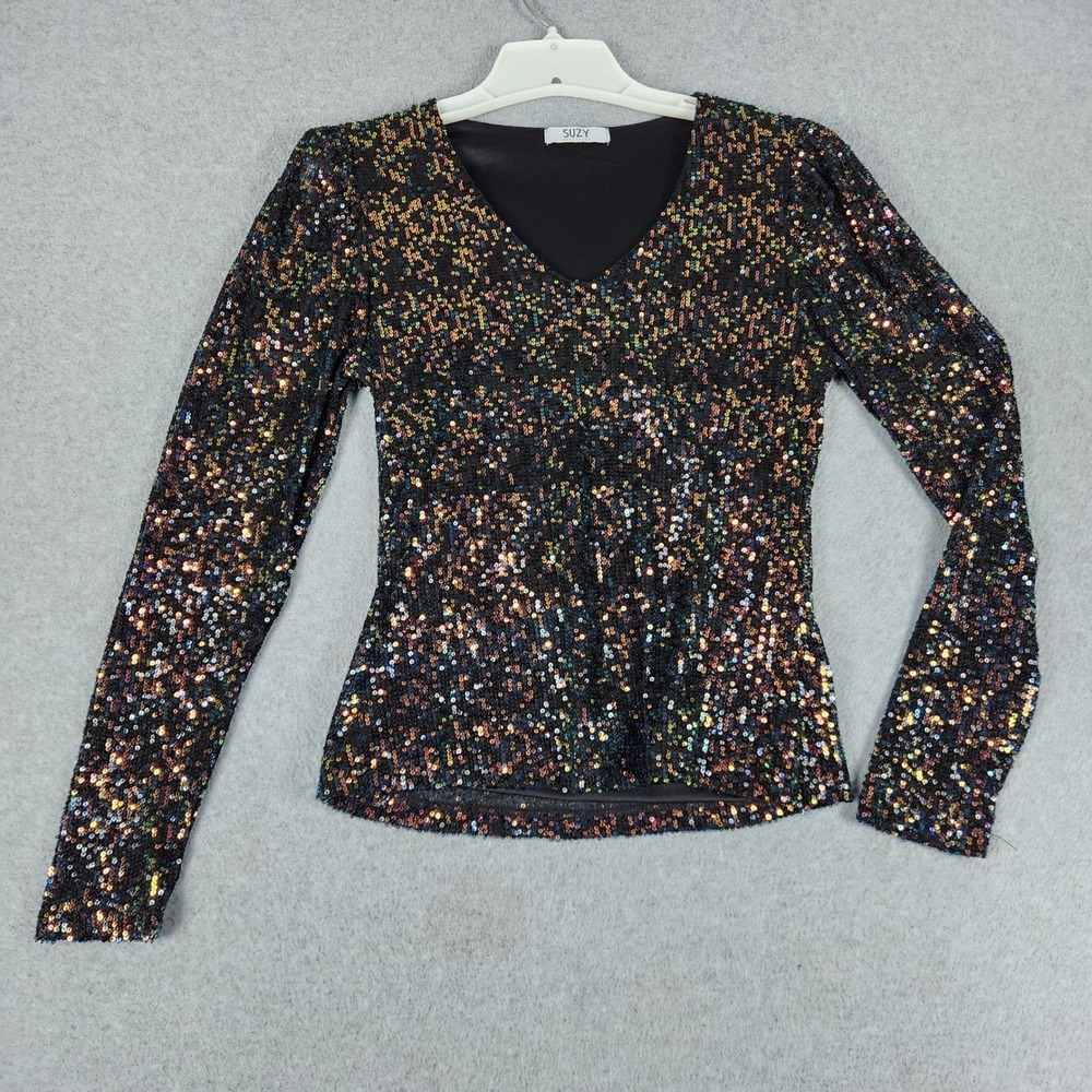 Suzy Shier Blouse Top Womens Small Black Multi Sequin Long Sleeve Glam Party